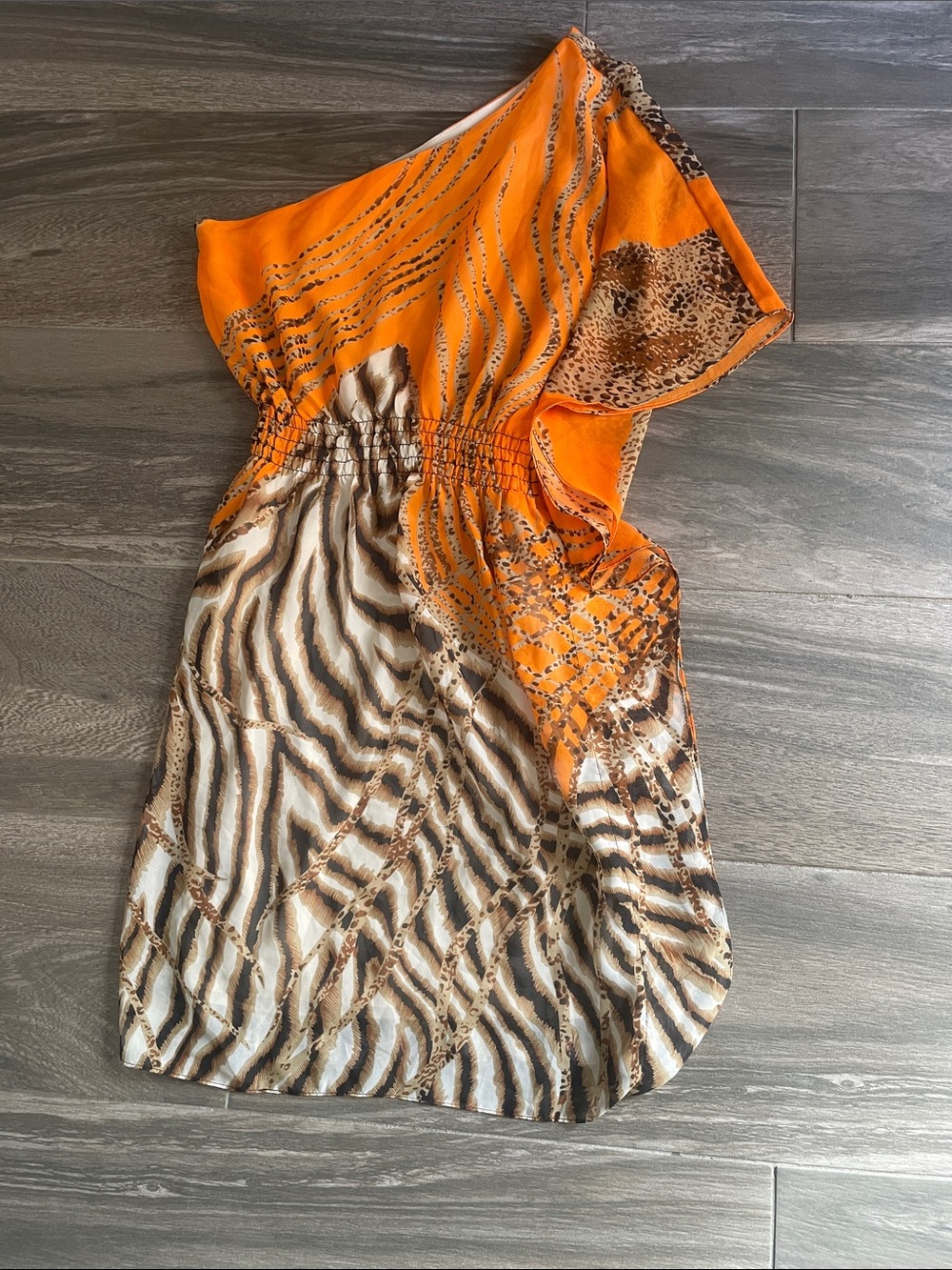 Bisou Bisou Orange and Brown One-Shoulder Animal-Print Dress